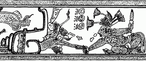 Рис. 2. Персонаж с кремневым (или обсидиановым) кинжалом вытаскивает из раковины за руку бога-улитку, одного из повелителей Подземного царства (он же бог «N»), чтобы убить его. Деталь росписи на полихромном сосуде майя 700—900 гг. н.э.