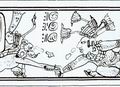 Герой-близнец, убивающий бога-владыку Шибальбы: вытянув его за руку из раковины, он занес кремневый кинжал для решающего удара. Сцена на вазе майя. Чама (Гватемала), 600—900 гг