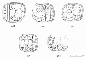Ієрогліфічні медальйони монумента 1 із Тіпан-Чен-Віца (промальовка К. Хелмке)