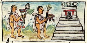 Ритуал торговцев во Флорентийском кодексе Бернардино де Саагуна. b) подношение трубки и цветка подсолнуха (в т.ч. др. цветка) Уицилопочтли.