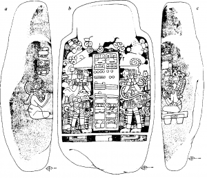 Рис. 2. Стела 5 из Абах-Такалика (неопубликованная прорись Дж. Портера, с разре­шения Дж. Грейама): а. правая сторона; b. лицевая сторона; с. левая сторона