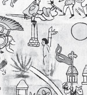 Рисунок 4.6. Фрагмент Лиенсо де Куаукечоллан, где показан сжигаемый правитель киче и Утатлан, отмеченный каменным строением