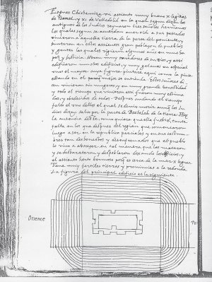 Рисунок 4.8.Кастильо Ланды, выполненный в виде чертежа с высоты птичьего полёта (Landa 1566:fol. 48v). (Оригинальный манускрипт [MS #9-5353] находится в Real Academia de la Historia, в Мадриде)