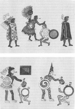 Рис. 2. Представители ацтекских “рыцарских орденов”, захватывающие пленных на поле битвы, на рисунках в Кодексе Мендосы