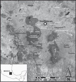Илл. 5.3. Ресурсы и регионы вокруг Теотиуакана (по Sanders et al. 1979:maps 24–25) (LANDSAT ETM+ image source: Global Land Cover Facility [http://www.landcover.org]).