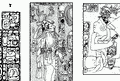 (а) фрагмент Западной панели из Храма Надписей; (b) персонаж на «Панели Креста»; персонаж на платформе Храма 19 (а- b - прорисовки Линды Шиле, с – прорисовка Дэвида Стюарта)