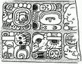 Фрагмент панели каменного простенка из Храма 19, вверху справа иероглиф с долгими губами в имени отца Акаль-Мо’-Наба (прорисовка Дэвида Стюарта)