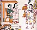Кортеса по возвращению в Тлашкалу приветствуют и дарят эмблему ацтекского командира, которого он убил. Малинче, как обычно, рядом с ним. Lienzo de Tlaxcala. ||| 166,0Kb