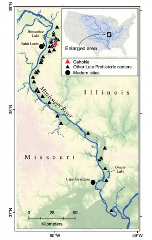 Карта Миссисипи и расположение Кахокии. Иллюстрация - S. Munoz et al./ PNAS