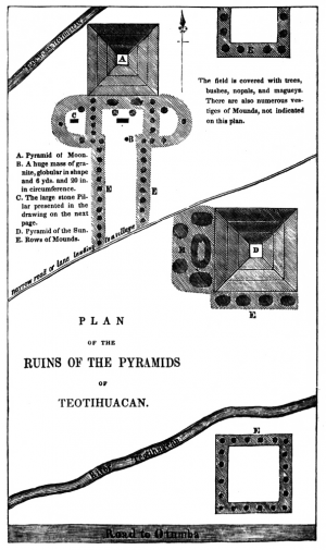 План руин пирамид Теотиуакана, зарисованный в 1842 году Бранцем Майером. A – пирамида Луны; B – место, где была обнаружена повреждённая скульптура Великой богини; C – место, где находилась хорошо сохранившаяся скульптура Великой богини; D – пирамида Солнца. (по B. Mayer «Mexico, Aztec, Spanish, and Republican», 1852)