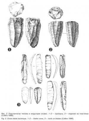 Рис. 2. Пластинчатая техника в индустрии кловис. 1-2 — нуклеусы, 3 — изделия на пластинах (Collins 1999).