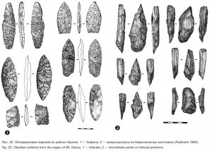 Рис. 22. Обсидиановые изделия из района Эдзиза. 1 — бифасы; 2 — микронуклеусы на бифасиальных заготовках (Fladmark 1985).