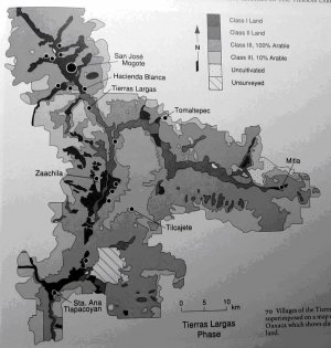 70. Деревни фазы Тьеррас-Ларгас, наложенные на карту классов с/х земель долины Оахака.
