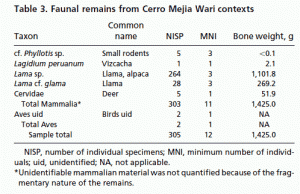 Таблица 3. Останки животных, найденные на вершине и склонах Серро-Мехиа (уарийский контекст).