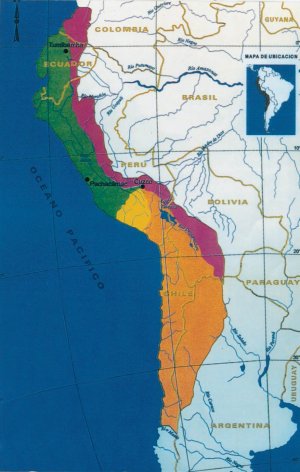 Рисунок 1. Карта территории инков и андских культур. Она включает территории современных Эквадора, Перу, Боливии и частично Чили и Аргентины, и разделена на три основных региона: побережье, Сьерра и амазонские джунгли.