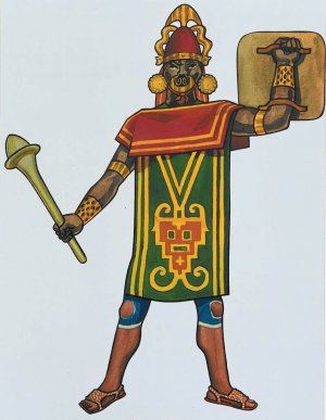 Рисунок 6. Художественное воспроизведение инкского воина с сандалиями, униформой, escudo (щит), coraza (нагрудник) и защитным шлемом (для предотвращения травм черепа) с clava в правой руке.