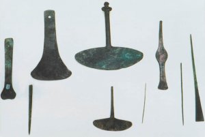 Рисунок 16. Инкские бронзовые инструменты (champi), использовавшиеся в краниотомии: элеватор костный, tumis в виде полумесяца, диссекторы[7] и иголки.