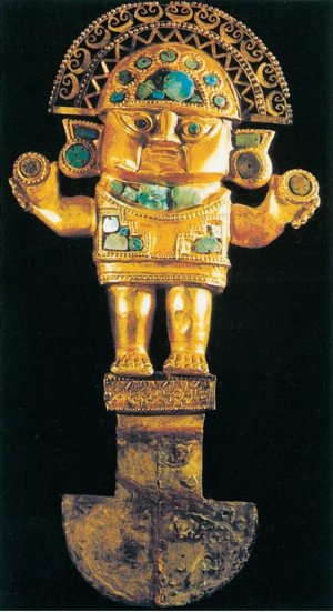 Рисунок 19. Церемониальный золотой tumi, украшенный ценными камнями бирюзы (культура Чиму, ок. 1000-1600 гг.; Museo del Oro, Лима)