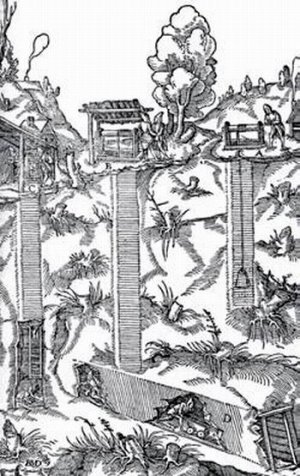 Рисунок 3.4. Средневековые методы горнодобычи, показаны три вертикальные шахты. Из книги Agricola 1950 [1556], кн. v, 103.