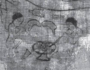 Рисунок 3.6. Месоамериканский тигель и трубки для дутья. Рисунок из рукописи Lienzo de Jicalan, взято из труда Roskamp 2004, 6.
