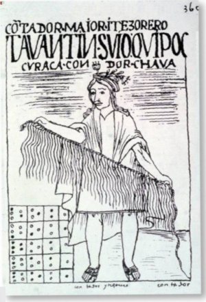 Представитель инкского государства с кипу, устройством записи на верёвочках. Изображение дано в хронике андской истории, записанной в колониальное время