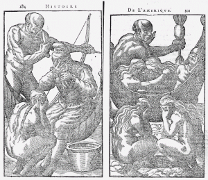 Иллюстрации из «Истории одного путешествия в Брази­лию» Жана де Лери (первое издание - 1578), где на изобрази­тельном уровне интуитивно прослежена связь между привет­ствием «со слезами на глазах» (слева) и оплакиванием усопшего (справа).