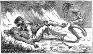 Известный  бой  Эндрю  По  с  вождем  вайандотов  Большая  Нога  в  1871  году. Иллюстрация  из  книги  «Индейские  ужасы  или  резня  Красных  людей». Генри  Давенпот  Нортроп  1891  года.