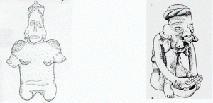 Рис. 2. Фигурка персонажа с признаками эктромелии (слева) (Западная Мексика, штат Халиско, стиль Амека); справа фигурка, представляющая исхудавшую женщину с ротовым уродством (Западная Мексика, штат Наярит, стиль Иштлан).