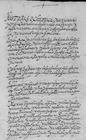 Первая страница «Мешикской истории или хроники» из третьего тома «Кодекса Чимальпаина».